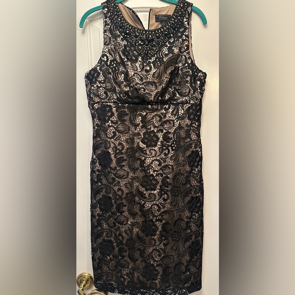 DRESSBARN Size 12 Black & Tan Lacy Sleeveless Midi Dress with Bejeweled Neckline